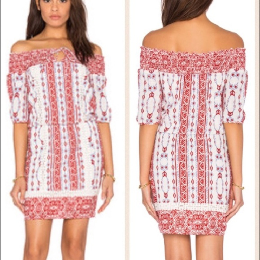 SAYLOR Boho Dress Size S Red White Off Shoulder